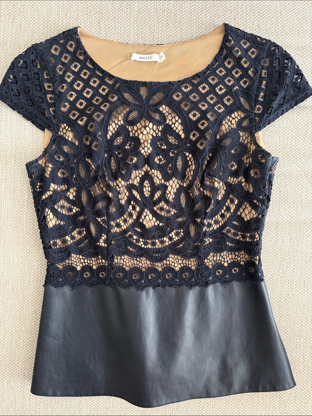 Bailey 44 Black Lace with Nude Lining & Faux Leather Peplum